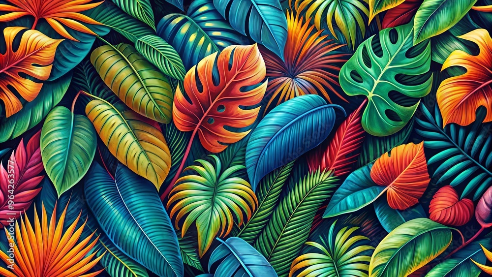 Vibrant tropical foliage pattern with bold colors and textures, perfect for a tropical-themed design project