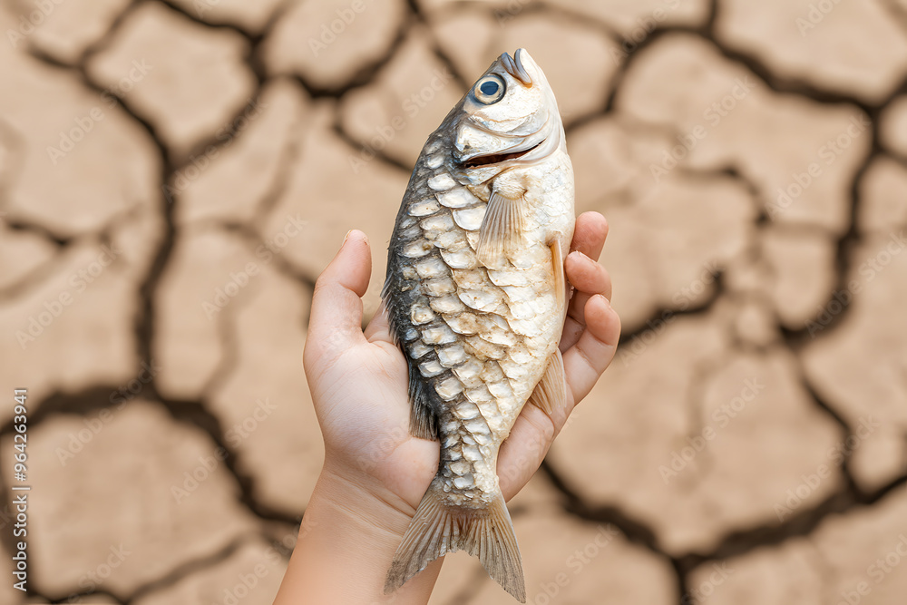 Child's Hand Holding a Dead Fish on Cracked Earth Soil | Environmental Impact of Drought and Water Scarcity Child's Hand Holding a Dead Fish on Cracked Earth Soil | Environmental Impact of Drought and Water Scarcity