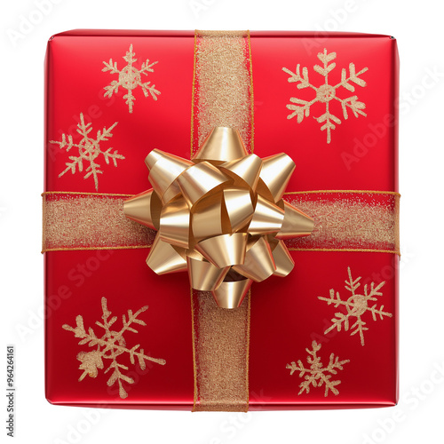 Red holiday gift box, decorated with snowflakes and gold satin bow, top view