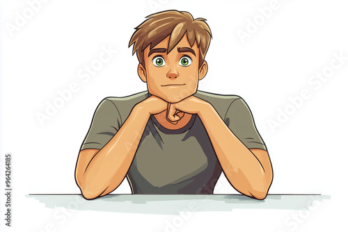 cartoon character, intent young man with green eyes, wearing t-shirt sitting at the table on a white background	 photo