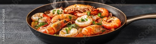 Copper skillet with steaming seafood, coastal kitchen decor, nautical elements, bright and fresh ambiance, seaside culinary experience