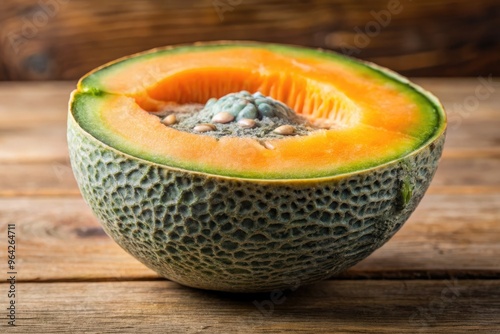 Freshly cut cantaloupe slice with a fuzzy layer of greenish-black mold growing on its surface, symbolizing spoilage and foodborne illness risk. photo