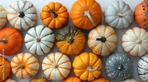 Horizontal AI illustration variety of colorful pumpkins arranged in a flatlay. Food concept