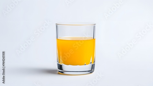 A glass of fresh orange juice sits on a white background.