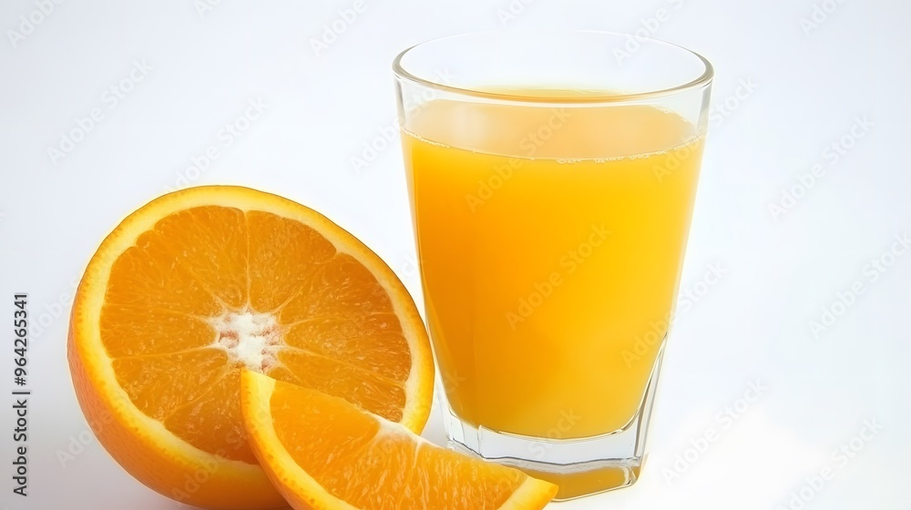 A glass of orange juice with fresh oranges next to it. A glass of orange juice with fresh oranges next to it.