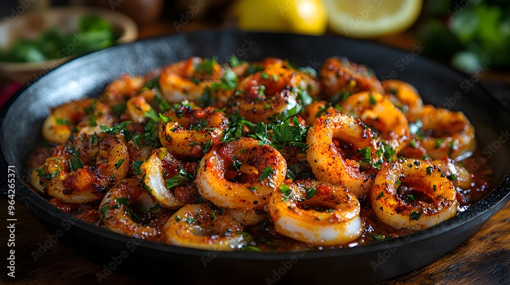 A black pan filled with shrimp and vegetables. The dish looks delicious and appetizing A black pan filled with shrimp and vegetables. The dish looks delicious and appetizing
