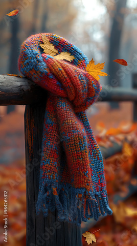 Vertical AI illustration colorful knitted scarf with autumn leaves on a wooden fence.