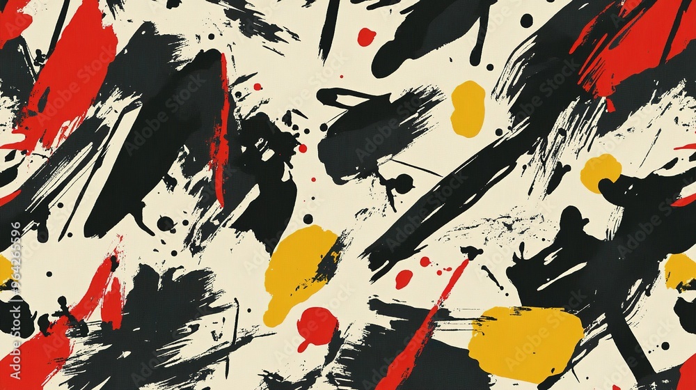 Abstract art with bold black, red, and yellow brush strokes on a cream ...