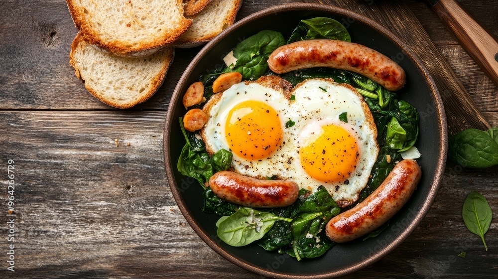 On a wooden table, there are sausages, toast, and sunny-side up eggs with spinach.
On a wooden table, there are sausages, toast, and sunny-side up eggs with spinach.
