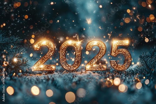 Golden 2025 New Year number with sparkling lights and winter holiday background