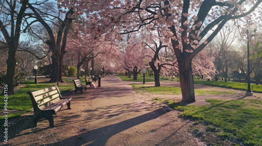 Charming park with beautiful cherry trees in bloom. Charming park with beautiful cherry trees in bloom.