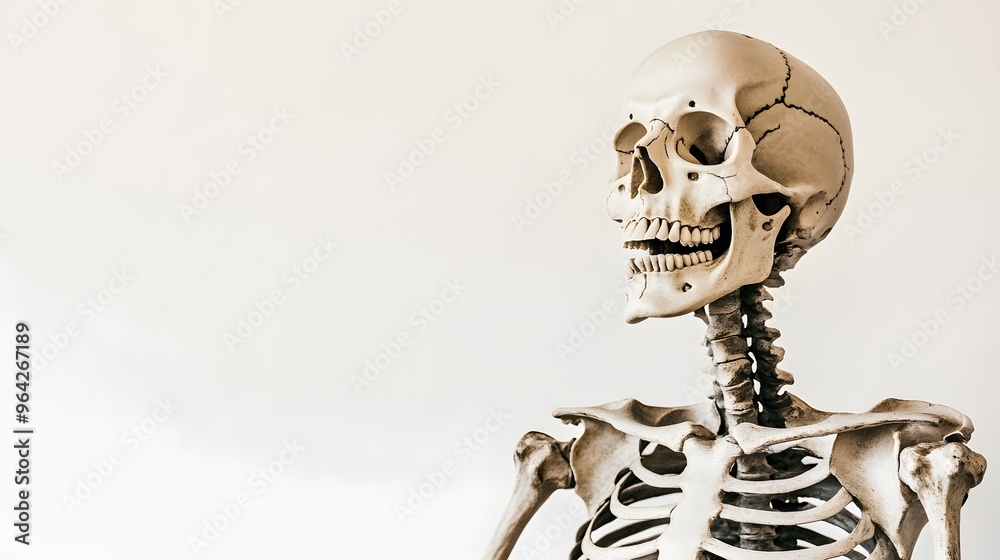 A close-up of a human skeleton, facing right, against a white background. A close-up of a human skeleton, facing right, against a white background.