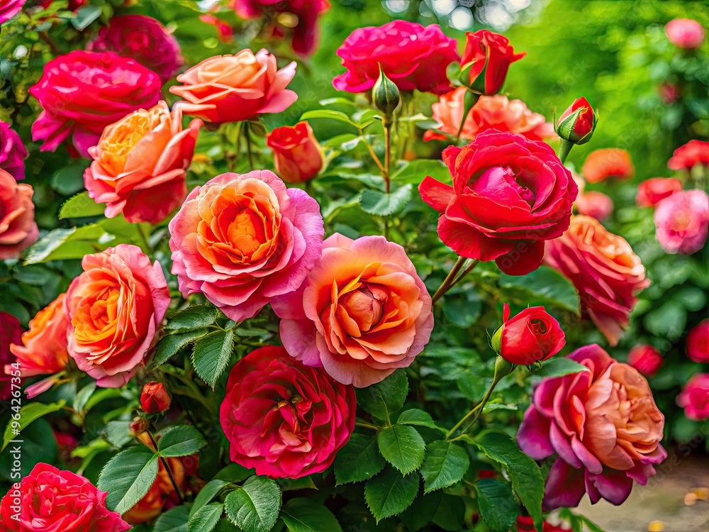 Intricate And Elegant Rose Bush With Lush Green Leaves And Vibrant, Blooming Roses Intricate And Elegant Rose Bush With Lush Green Leaves And Vibrant, Blooming Roses