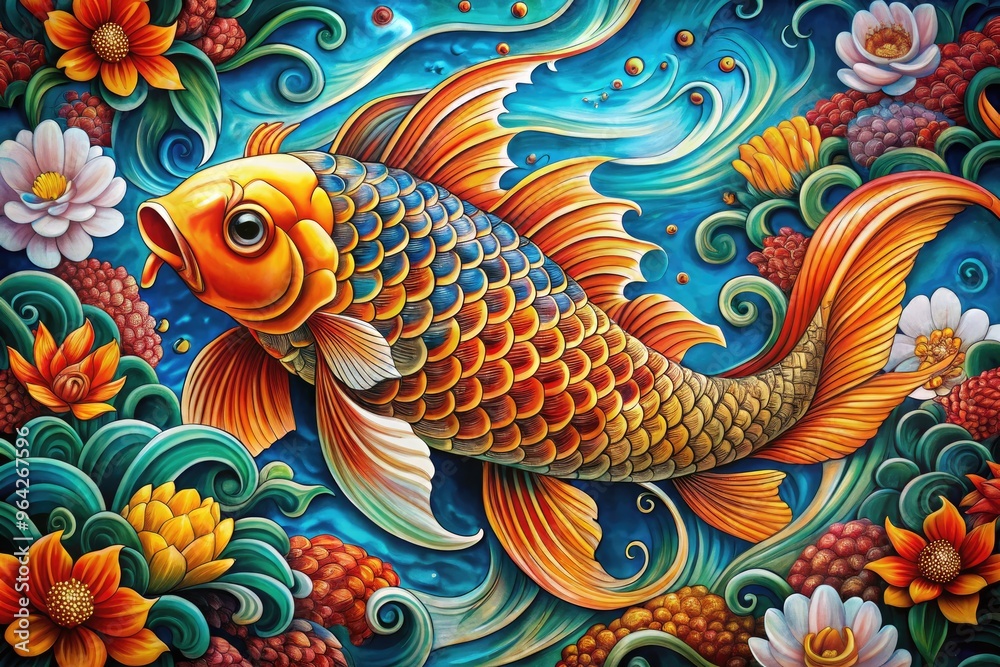 Intricate Artwork Showcases A Vibrant Koi Fish With Flowing Fins And Scales Adorned With Traditional Eastern Patterns. Intricate Artwork Showcases A Vibrant Koi Fish With Flowing Fins And Scales Adorned With Traditional Eastern Patterns.