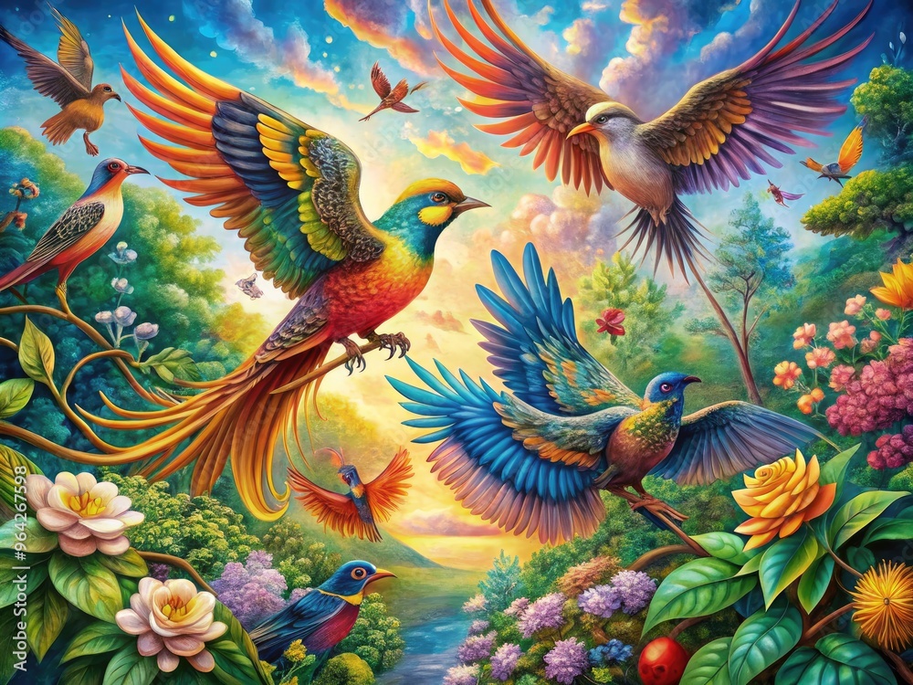 Fototapeta premium Intricate Avian Artwork Rendered In Vibrant Hues On A Canvas, Capturing The Essence Of Flight And Nature'S Beauty.