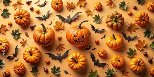 Festive pumpkins and bats pattern with autumn leaves and colors, perfect for Halloween decorations and festivities