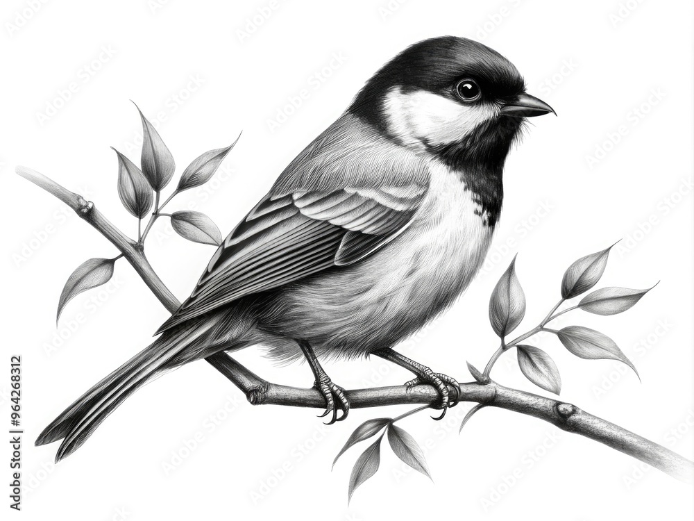 Intricate Minimalist Black And White Drawing Of A Songbird Perched On A Branch Against A White Background Intricate Minimalist Black And White Drawing Of A Songbird Perched On A Branch Against A White Background