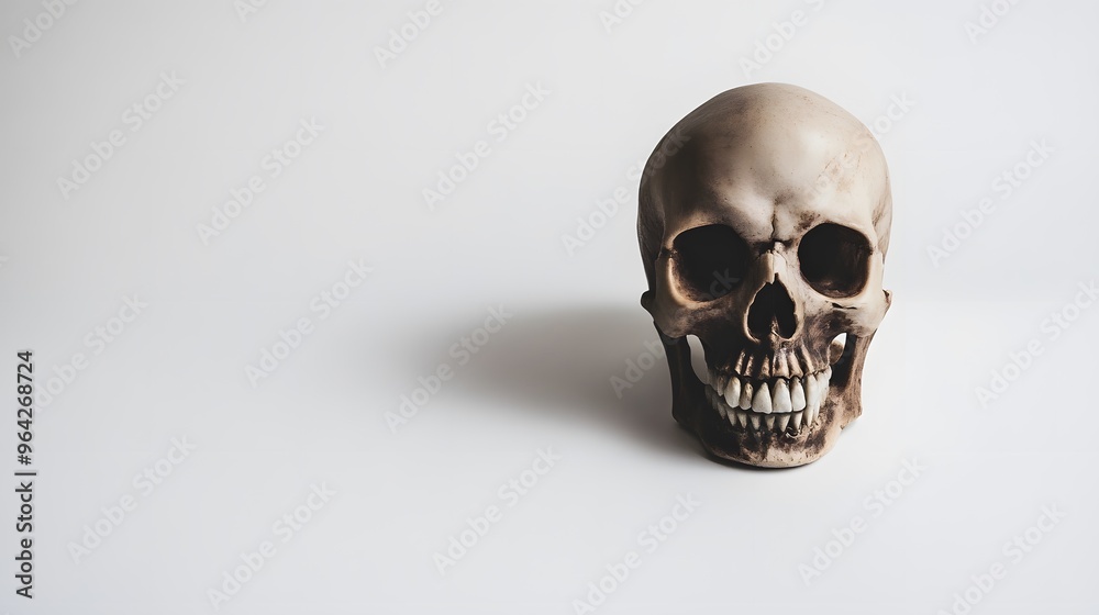 A human skull sits on a white background. A human skull sits on a white background.