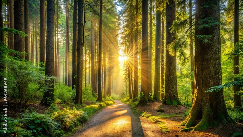 Fototapeta premium Tranquil forest trail with sunlight filtering through canopy of tall trees