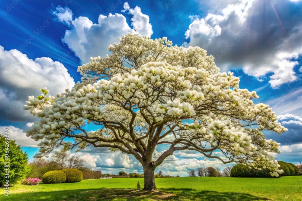 Lush, majestic magnolia tree with delicate white petals and dark green leaves stands tall against a serene, sunny blue sky with soft, white clouds. Lush, majestic magnolia tree with delicate white petals and dark green leaves stands tall against a serene, sunny blue sky with soft, white clouds.