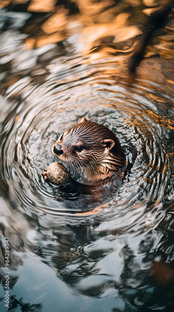 Playful Otter Floating on River with Stone in Soft Daylight Playful Otter Floating on River with Stone in Soft Daylight
