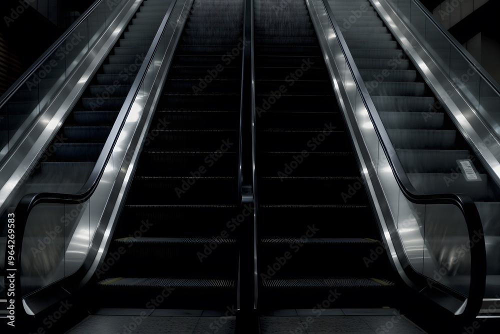 Modern luxury escalators with staircase at airport. Neural network AI generated art Modern luxury escalators with staircase at airport. Neural network AI generated art