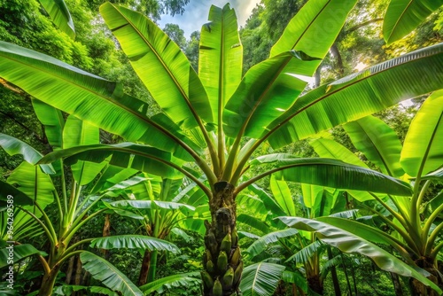 Lush, Vibrant Banana Tree With Broad, Symmetrical Leaves Growing Amidst The Verdant Rainforest Canopy. photo