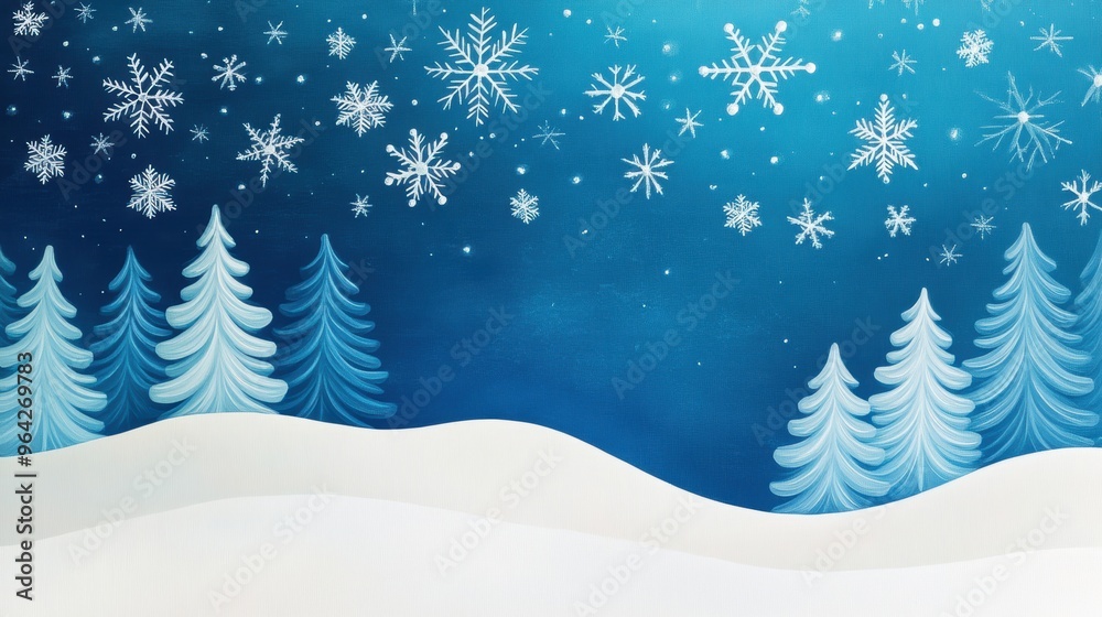 Obraz premium Winter wonderland scene with snowflakes and pine trees, acrylic and oil paint background, Christmas theme