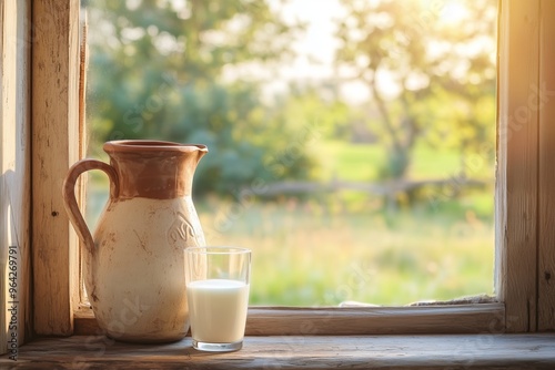 Clay jug and glass of milk on windowsill against window background. Natural green rustic blurred background. Sunny day. Free space for text