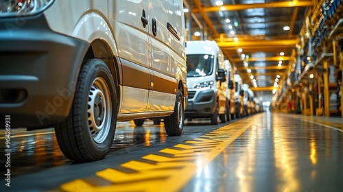 A line of white vans are parked in a factory. Concept of order and organization, as the vehicles are neatly lined up in a row. The yellow lines on the floor further emphasize the structure