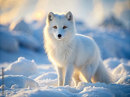 Majestic arctic fox with thick white fur and piercing yellow eyes stands alertly on snow-covered terrain, surrounded by frozen tundra landscape in winter wonderland.