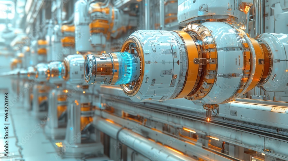 Futuristic industrial machinery with intricate pipes and glowing elements in a high-tech environment. Futuristic industrial machinery with intricate pipes and glowing elements in a high-tech environment.