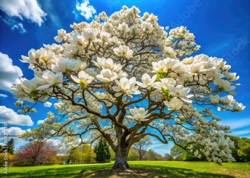 Majestic magnolia tree stands tall, its large, showy white flowers blooming against a serene blue sky with lush green leaves and branches stretching outward.