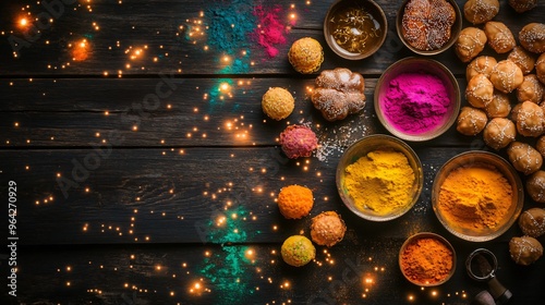 A flat lay background of traditional Diwali sweets, colorful powder, and sparklers arranged on a dark wooden surface illuminated by fairy lights photo