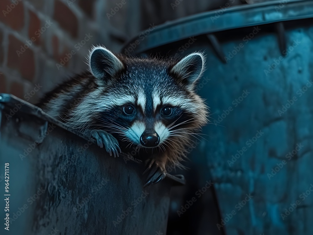 Curious Raccoon Scavenging for Food in Dimly Lit Urban Alley Peeking ...
