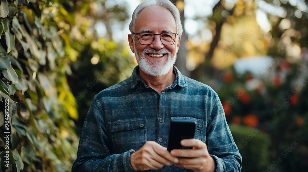 Smiling Senior Man with Smartphone in Nature Smiling Senior Man with Smartphone in Nature