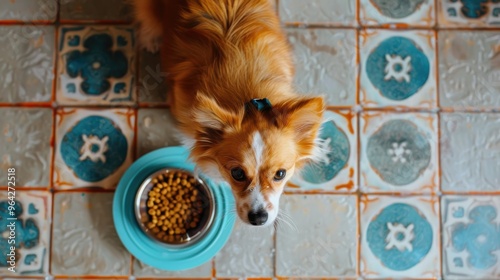 Small dog looking up near food bowl on colorful mosaic tile floor photo