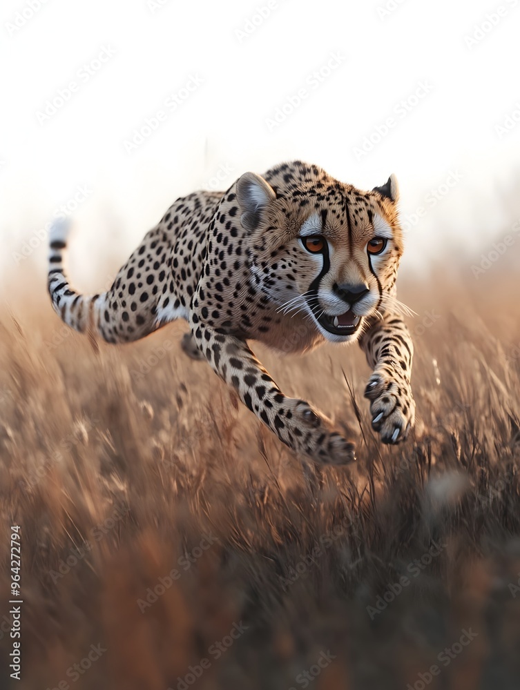 Cheetah in Full Flight Surging Across Sunlit Savanna Landscape