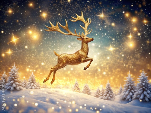 A Christmas landscape where the snow is made of sparkling gold dust, and the reindeer have glowing wings flying through the sky