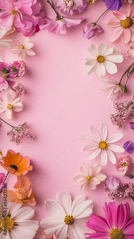 A soft pink background with various flowers as a frame A soft pink background with various flowers as a frame