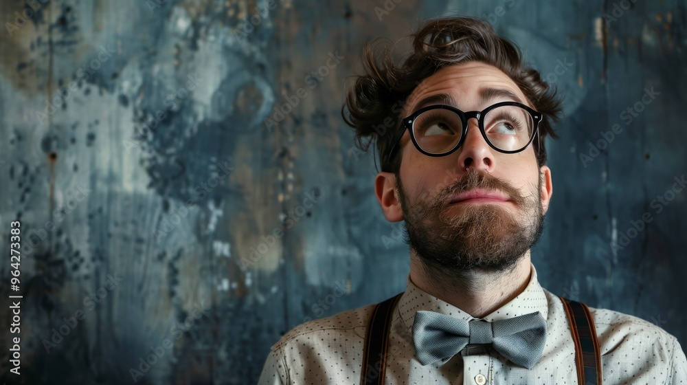 Pensive Bearded Man with Glasses in Retro Style Outfit Posing against Abstract Rustic Background Pensive Bearded Man with Glasses in Retro Style Outfit Posing against Abstract Rustic Background