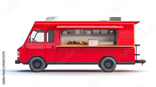 Red Realistic Food Truck isolated on white background. Takeaway food and drinks van mock up	