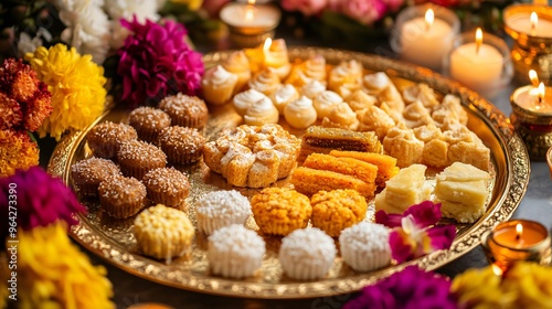Close up of traditional Diwali sweets like laddus, barfi, and jalebis, artfully arranged on a golden tray surrounded by flowers and candles photo