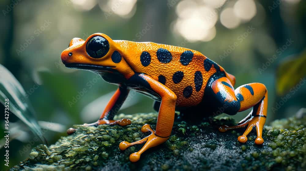 Vibrant Poison Dart Frog perched on a mossy rock in a rainforest. Vibrant Poison Dart Frog perched on a mossy rock in a rainforest.
