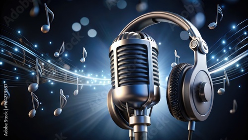 Microphone, Headphones, And Musical Notes In Platinum Color, Representing The Highest Sales Achievement In The Music Industry.