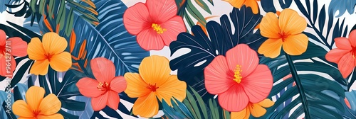 Seamless Tropical Pattern with Orange and Pink Flowers on Dark Blue Leaves.