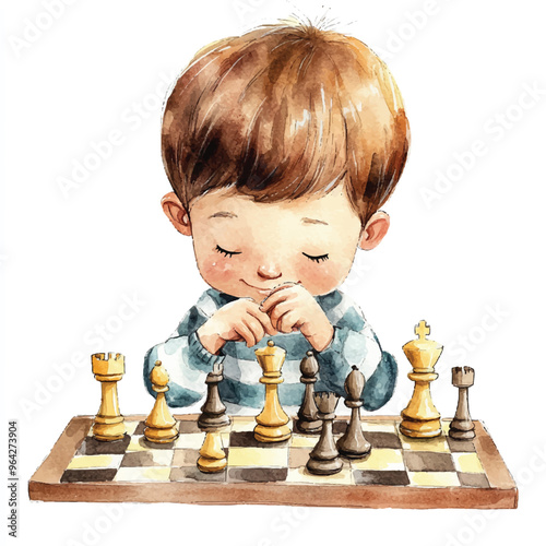 cute kid playing Chess watercolor clipart