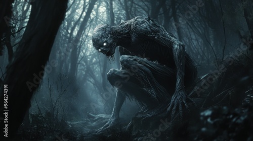 Detailed and Eerie Illustration of a Skin-Walker with Glowing Eyes and a Shifting Form, Capturing the Supernatural and Unsettling Nature of this Mythical Creature