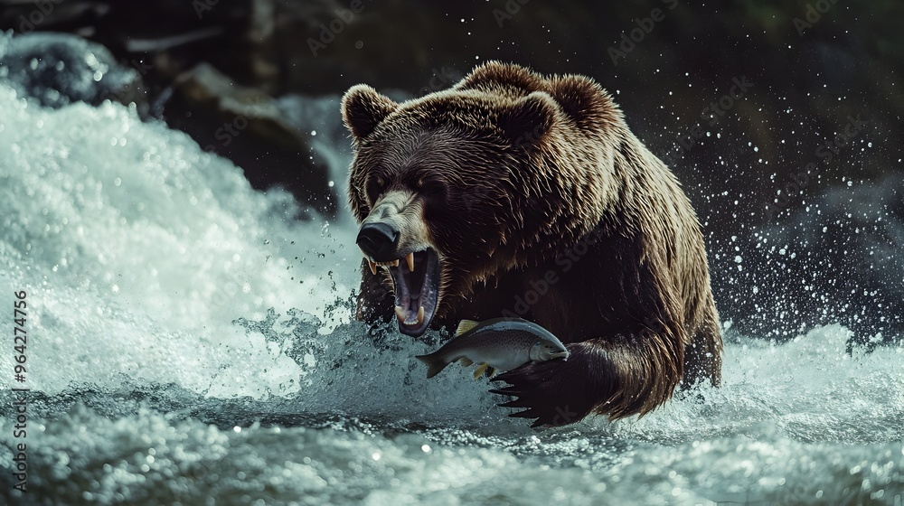 Grizzly Bear Snatching Salmon from Rushing River at Crisp Morning Grizzly Bear Snatching Salmon from Rushing River at Crisp Morning
