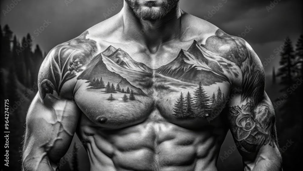 Muscular Man'S Chest Showcasing A Large, Detailed Black And White Tattoo Of A Rugged Mountain Scene Muscular Man'S Chest Showcasing A Large, Detailed Black And White Tattoo Of A Rugged Mountain Scene